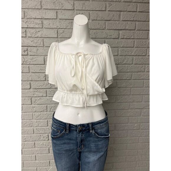 Shein Women White Flutter Sleeve Crop Top Size 6 - Picture 1 of 7